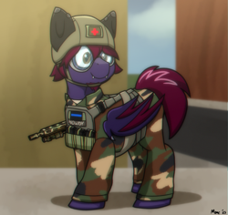 Size: 1989x1875 | Tagged: safe, artist:memeancholy, derpibooru import, oc, oc only, oc:sunup howdy, bat pony, armor, goggles, gun, helmet, rifle, solo, weapon