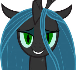 Size: 835x767 | Tagged: safe, derpibooru import, queen chrysalis, changeling, changeling queen, bust, female, grin, lidded eyes, simple background, slit eyes, smiling, solo, white background