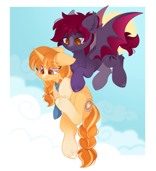 Size: 2167x2372 | Tagged: safe, artist:cinnamontee, derpibooru import, oc, oc only, oc:morning latte, oc:sunup howdy, bat pony, pony, unicorn, bat pony oc, duo, flying, happy, holding a pony, passepartout, sky, sky background