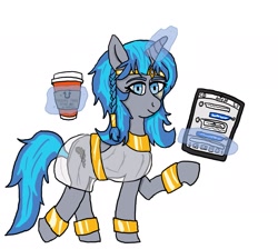 Size: 1863x1668 | Tagged: safe, artist:dafid25, derpibooru import, oc, oc only, oc:cork, pony, unicorn, clothes, coffee cup, cup, cutie mark, egyptian, greek, ipad, long mane, looking at you, magic, qq, simple background, solo, telekinesis, tim hortons, waving, white background