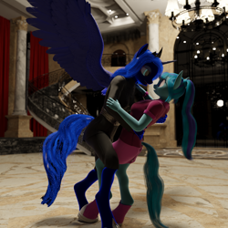 Size: 1620x1620 | Tagged: safe, artist:stellarator, derpibooru import, princess luna, sonata dusk, anthro, unguligrade anthro, comic:we will be adored, 3d, blender, blender cycles, comic, cycles render, dancing, female, jewelry, lesbian, regalia