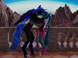 Size: 1473x1104 | Tagged: safe, artist:stellarator, derpibooru import, princess luna, sonata dusk, anthro, unguligrade anthro, comic:we will be adored, 3d, blender, blender cycles, comic, cycles render, female, jewelry, kissing, lesbian, regalia