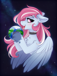 Size: 1800x2400 | Tagged: safe, artist:vird-gi, derpibooru import, oc, oc only, oc:evening skies, pegasus, pony, chest fluff, choker, female, giantess, goddess, licking, macro, mare, pegasus oc, planet, pony bigger than a planet, solo, space, tongue, tongue out, unshorn fetlocks, upper body