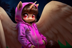 Size: 768x512 | Tagged: safe, ai content, derpibooru import, oc, oc only, oc:spring beauty, alicorn, anthro, alicorn oc, anthro oc, clothes, female, filly, foal, hand in pocket, hands in pockets, hoodie, horn, looking at you, prompter:miniferu, solo, spread wings, wings