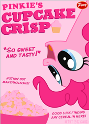 Size: 300x414 | Tagged: artist needed, source needed, safe, derpibooru import, pinkie pie, earth pony, pony, artifact, bowl, cereal, cereal box, cupcake, female, food, logo, mare, marshmallows, open mouth, open smile, pink background, quote, simple background, smiling, solo, text, upside down