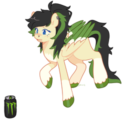 Size: 1924x1863 | Tagged: safe, artist:beetlepaws, derpibooru import, oc, oc only, oc:core, pegasus, pony, black hair, blue eyes, coat markings, colored wings, commission, drink, ear piercing, energy drink, green hair, monster energy, multicolored wings, nose piercing, piercing, raised hoof, raised leg, simple background, solo, starry eyes, tail, transparent background, two toned hair, two toned mane, two toned tail, wingding eyes, wings