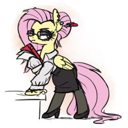 Size: 1000x1000 | Tagged: safe, artist:king-kakapo, derpibooru import, fluttershy, pegasus, pony, alternate hairstyle, bipedal, bipedal leaning, clothes, ear piercing, earring, eyeshadow, female, fluttergoth, frown, glasses, hair bun, high heels, jewelry, leaning, makeup, mare, office lady, pantyhose, piercing, secretary, shoes, simple background, skirt, solo, white background