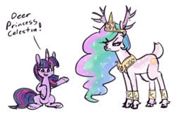 Size: 1240x800 | Tagged: safe, artist:king-kakapo, derpibooru import, princess celestia, twilight sparkle, unicorn twilight, deer, pony, unicorn, antlers, celestia is not amused, cloven hooves, dear princess celestia, deerified, deerlestia, dialogue, doe, duo, female, frown, looking at you, mare, narrowed eyes, pun, simple background, sitting, species swap, talking to viewer, unamused, visual pun, white background