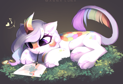 Size: 4379x3001 | Tagged: safe, artist:magnaluna, derpibooru import, oc, oc only, oc:cloudy canvas, kirin, cute, female, grass, kirin oc, lying down, mouth hold, multicolored tail, paintbrush, palette, prone, signature, solo, tail, underhoof