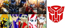 Size: 1625x699 | Tagged: safe, artist:robertsonskywa1, derpibooru import, robot, equestria girls, arcee, autobot, breasts, bumblebee (transformers), clothes, cybertronian, equestria girls-ified, face mask, female, gas mask, gentle giant, glasses, group, male, mask, mirage, optimus prime, photo, quintet, symbol, transformers, transformers rise of the beasts, wheeljack