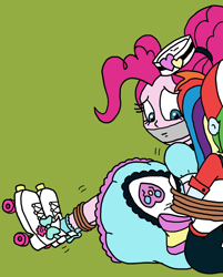 Size: 1216x1509 | Tagged: safe, artist:bugssonicx, derpibooru import, pinkie pie, human, equestria girls, bondage, gag, roller skates, scared, server pinkie pie, skates, tape, tape gag, tied up, worried