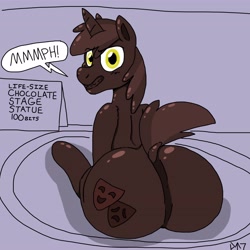 Size: 4096x4096 | Tagged: safe, artist:tenorjoane, derpibooru import, oc, oc:stage manager, food pony, original species, pony, unicorn, bondage, butt, chocolate, dock, encasement, food, large butt, looking at you, looking back, looking back at you, male, muffled words, plot, ponified, solo, species swap, stallion, tail