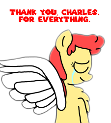 Size: 3023x3351 | Tagged: safe, artist:professorventurer, derpibooru import, oc, oc:power star, pegasus, pony, bipedal, charles martinet, chest fluff, crying, eyes closed, female, mare, pegasus oc, ponified, rule 85, simple background, smiling, solo, species swap, spread wings, super mario 64, super mario bros., tears of joy, text, tribute, white background, wings
