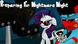 Size: 1920x1080 | Tagged: safe, artist:yamston, derpibooru import, rarity, oc, oc:lance greenfield, pony, unicorn, zebra, fanfic:living the dream, 2023, adam jensen, cover art, drawing, duo, fanfic art, female, glasses, heterochromia, male, mannequin, mare, narrowed eyes, red and black mane, red stripes, signature, stallion, tired, title card, tongue, tongue out, zebra oc