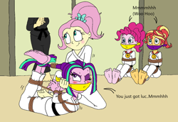 Size: 1190x820 | Tagged: safe, artist:bugssonicx, derpibooru import, edit, aria blaze, fluttershy, pinkie pie, posey shy, sunset shimmer, human, equestria girls, bondage, bound and gagged, cloth gag, cropped, gag, hogtied, karate, muffled words, taekwondo, tied up