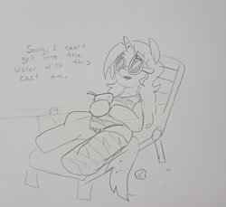 Size: 2048x1877 | Tagged: safe, artist:pony quarantine, derpibooru import, oc, oc:dyx, alicorn, pony, beach chair, broken leg, cast, chair, coconut cup, dialogue, female, filly, foal, grayscale, monochrome, pencil drawing, sitting, solo, sunglasses, traditional art