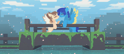 Size: 1000x438 | Tagged: safe, artist:m i f e s, derpibooru import, oc, oc:dima, oc:helmie, pegasus, pony, boop, bridge, duo, minecraft, noseboop, pixel art, shipping, spread wings, wings