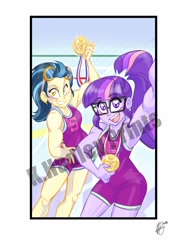 Size: 2550x3300 | Tagged: safe, artist:katrina hadley, derpibooru import, indigo zap, sci-twi, twilight sparkle, human, equestria girls, friendship games, clothes, commission, crystal prep shadowbolts, duo, duo female, female, glasses, goggles, gym, indigo max, medal, muscles, muscular female, sci-twi muscle, selfie, shadowbolts, smiling, twilight muscle, unitard, watermark, weight lifting, weights, what if