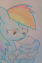 Size: 414x621 | Tagged: safe, artist:lawleyj77, derpibooru import, rainbow dash, oc, oc:cumulus, pony, fanfic:instant mom, adopted, adopted offspring, adoption, baby, baby pony, female, filly, foal, mare, momma dash, mother and child, mother and daughter, parent and child, parent:rainbow dash, traditional art