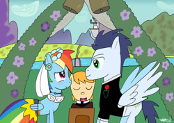 Size: 749x530 | Tagged: safe, artist:helsaabi, derpibooru import, rainbow dash, soarin', pegasus, pony, blushing, bride, clothes, dress, female, groom, looking at each other, looking at someone, male, mare, marriage, shipping, smiling, smiling at each other, soarindash, stallion, straight, tuxedo, wedding, wedding dress