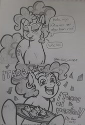 Size: 1388x2048 | Tagged: safe, artist:pablosjuarez, derpibooru import, pinkie pie, earth pony, pony, alternate hairstyle, female, food, latina pinkie pie, mare, plate, solo, spanish, taco, text, traditional art