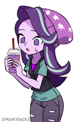 Size: 512x768 | Tagged: safe, artist:spookysocks, derpibooru import, starlight glimmer, human, equestria girls, curious, grimace shake, mcdonald's, meme, nervous sweat, simple background, solo, sweat, sweatdrop, white background