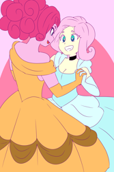 Size: 2500x3750 | Tagged: safe, artist:qsky, derpibooru import, fluttershy, pinkie pie, human, equestria girls, bare shoulders, breasts, cleavage, clothes, dancing, dress, female, flutterpie, gown, grin, holding hands, lesbian, looking at each other, looking at someone, princess costume, shipping, smiling, smiling at each other