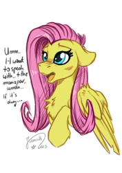 Size: 1414x2000 | Tagged: safe, artist:julunis14, derpibooru import, fluttershy, pegasus, pony, bust, chest fluff, dialogue, ears, female, floppy ears, mare, signature, simple background, solo, white background