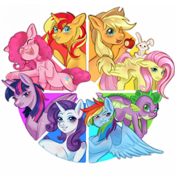 Size: 1920x1920 | Tagged: safe, artist:murfa, derpibooru import, angel bunny, applejack, fluttershy, pinkie pie, rainbow dash, rarity, spike, sunset shimmer, twilight sparkle, twilight sparkle (alicorn), alicorn, dragon, earth pony, pegasus, pony, rabbit, unicorn, g4, angel riding fluttershy, animal, apple, applejack's hat, art challenge, blushing, clothes, color wheel, color wheel challenge, cowboy hat, dragon wings, eyelashes, feathered wings, female, fetlock tuft, folded wings, food, grin, hat, horn, looking at you, male, mane seven, mane six, mare, open mouth, open smile, simple background, smiling, spread wings, tongue, tongue out, unshorn fetlocks, white background, winged spike, wings