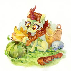 Size: 1196x1200 | Tagged: safe, artist:maytee, derpibooru import, autumn blaze, kirin, banana, basket, female, food, fruit, looking at something, sitting, smiling, solo, traditional art, watermelon