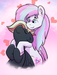 Size: 1361x1801 | Tagged: safe, artist:single purpose, derpibooru import, oc, oc:dyn, oc:treading step, pegasus, pony, colored wings, couple, duo, duo male, eyes closed, gay, heart, holding hooves, hug, leaning, leaning back, love, male, multicolored hair, multicolored mane, multicolored wings, snuggling, wings
