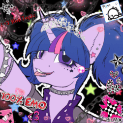 Size: 500x500 | Tagged: safe, artist:sweetpea-and-friends, derpibooru import, twilight sparkle, pony, unicorn, alternate hairstyle, animated, blingee, choker, clothes, ear piercing, emo, exploitable meme, eyelashes, eyeliner, facial markings, gameloft, gameloft interpretation, gif, horn, jewelry, makeup, meme, multicolored hair, open mouth, piercing, pigtails, scene kid, selfie, short sleeves, solo, spiked choker, spiked wristband, stars, tongue, tongue out, twintails, unicorn horn, vest, wristband