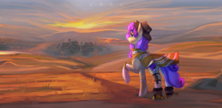 Size: 4817x2343 | Tagged: safe, artist:yasu, derpibooru import, oc, oc:quick draw, earth pony, pony, boots, clothes, cowboy, cowboy boots, cowboy hat, desert, gun, hat, hill, poncho, road, scenery, shoes, solo, sunset, town, village, weapon