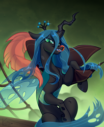 Size: 1596x1959 | Tagged: safe, artist:kanika-png, derpibooru import, queen chrysalis, changeling, changeling queen, collaboration, celaeno's airship, fangs, female, hat, long tongue, looking at you, open mouth, pirate hat, ship, solo, tongue, tongue out
