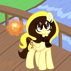 Size: 2000x2000 | Tagged: safe, artist:ladylullabystar, derpibooru import, oc, oc only, oc:guylian, pegasus, pony, ball, bridge, female, looking at you, magic, mare, river, solo, water