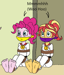 Size: 477x554 | Tagged: safe, artist:bugssonicx, derpibooru import, pinkie pie, sunset shimmer, human, equestria girls, bondage, bound and gagged, cloth gag, gag, humanized, karate, muffled words, taekwondo