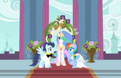 Size: 1205x783 | Tagged: safe, artist:3d4d, derpibooru import, princess celestia, rainbow dash, soarin', alicorn, pegasus, pony, bride, clothes, dress, female, groom, male, mare, marriage, shipping, soarindash, stallion, straight, tuxedo, wedding, wedding dress