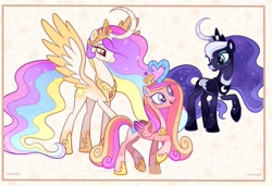 Size: 1577x1076 | Tagged: safe, artist:wanderingpegasus, derpibooru import, princess cadance, princess celestia, princess luna, alicorn, pony, alicorn triarchy, coat markings, crown, eyeshadow, female, hoof shoes, jewelry, makeup, mare, open mouth, raised hoof, raised leg, redesign, regalia, trio