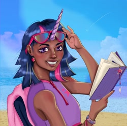 Size: 1586x1572 | Tagged: safe, artist:theartoffallensakura, derpibooru import, twilight sparkle, human, beach, blushing, book, bracelet, chair, clothes, dark skin, ear piercing, earring, female, grin, horn, horned humanization, humanized, jewelry, looking at you, ocean, piercing, sand, smiling, smiling at you, solo, sunglasses, swimsuit, town, water, wristband