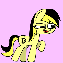 Size: 2048x2048 | Tagged: safe, oc, oc only, oc:leslie fair, pony, ancap, aria property cinematic universe, capitalism, nonbinary, pink background, raised hoof, raised leg, simple background, stonetoss, yellow coat