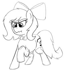 Size: 1199x1337 | Tagged: safe, artist:nonnyanon, ponerpics import, oc, oc:anon filly, bow, bowtie, clothes, female, filly, foal, monocrhome, scrunchy face, simple background, sketch, socks, white background