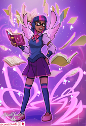 Size: 2037x3000 | Tagged: safe, artist:corazon, artist:corazonarts, derpibooru import, twilight sparkle, human, book, bowtie, clothes, dark skin, elf ears, female, flats, friendship journal, glasses, humanized, levitation, looking at you, magic, nail polish, open mouth, shirt, shoes, skirt, socks, solo, stockings, sweater vest, telekinesis, thigh highs, unicorns as elves, vest, winged humanization, wings