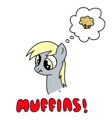 Size: 500x550 | Tagged: safe, artist:beepbeep, derpibooru import, derpy hooves, pegasus, pony, female, food, mare, muffin, simple background, solo, text, thought bubble, white background