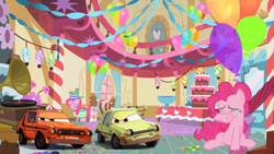 Size: 1248x702 | Tagged: safe, derpibooru import, pinkie pie, earth pony, pony, car, cars (pixar), cars 2, crying, grem and acer, random pictures pasted next to each other, sitting, sugarcube corner