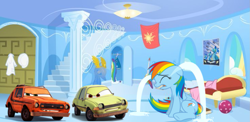 Size: 1391x677 | Tagged: safe, derpibooru import, rainbow dash, pegasus, pony, cars (pixar), cars 2, crying, grem and acer, rainbow dash's house, random pictures pasted next to each other, sitting