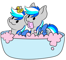 Size: 1883x1738 | Tagged: safe, artist:noxi1_48, derpibooru import, oc, oc only, oc:hawker hurricane, pegasus, pony, bath, bathing, bathing together, colored wings, daily dose of friends, rubber duck, simple background, soap, suds, transparent background, two toned wings, wings