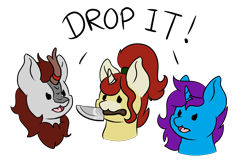 Size: 3000x1924 | Tagged: safe, artist:noxi1_48, derpibooru import, oc, oc only, pony, bust, daily dose of friends, knife, mouth hold, simple background, transparent background, trio