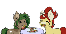 Size: 2756x1452 | Tagged: safe, artist:noxi1_48, derpibooru import, oc, oc only, pony, daily dose of friends, duo, eating, food, pineapple pizza, pizza, simple background, transparent background