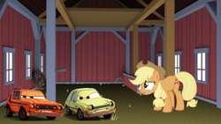 Size: 1706x959 | Tagged: safe, derpibooru import, applejack, pony, car, cars (pixar), cars 2, crying, grem and acer