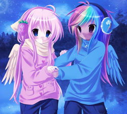 Size: 876x785 | Tagged: safe, artist:bonnybel_, derpibooru import, fluttershy, rainbow dash, human, equestria girls, clothes, duo, female, flutterdash, folded wings, humanized, lesbian, pony ears, shipping, wings, winter outfit